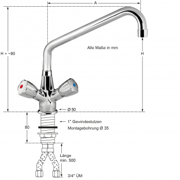 Preview: Knauss armag chrome Einlochbatterie 3/4" - Schweres Modell - Ausladung 450 mm