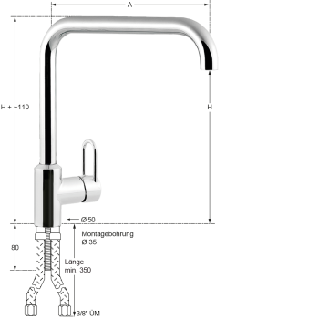 Preview: Knauss armag chrome Einloch Spültischbatterie 1/2" - Schweres Modell - Ausladung 350 mm