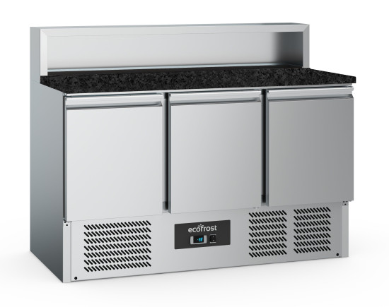 EcoFrost PIZZATISCH 3 Türen | 8x1/6GN Behälter | Temp +2 bis +8 | 1365x700x1075mm | Schwarzer Granit