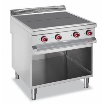 Elektro-Herd "900 Serie" mit vier flachen Kochfeldern auf offenem Unterbau