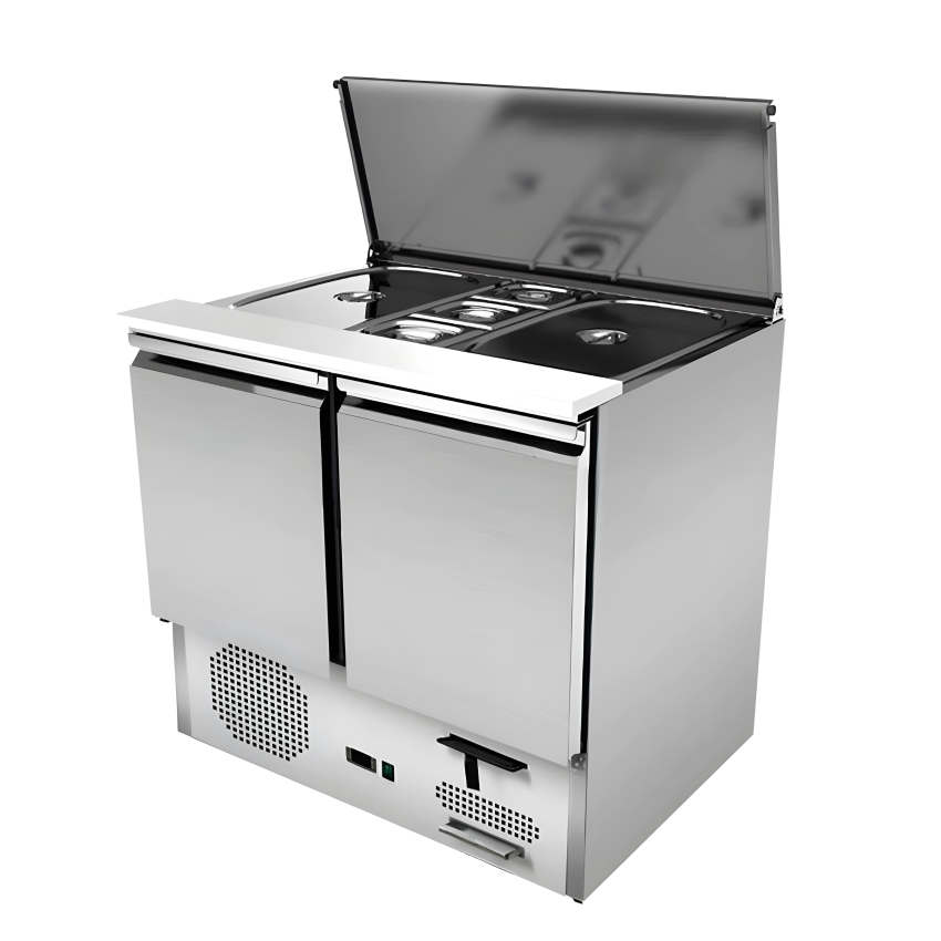 Profi Saladette 2-türig mit Schiebedeckel 2x GN1/1 + 3x GN1/6, +2°C/+8°C, 900x700x870