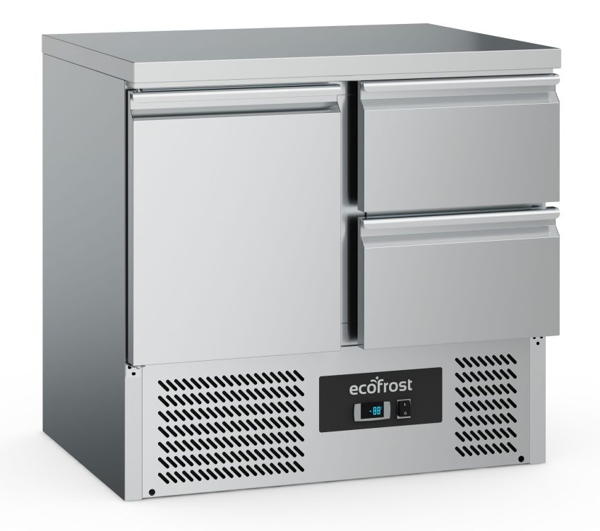 EcoFrost KÜHLTISCH 1 Tür 2 Schubladen | Temp. +2 bis +8°C | 900x700x876mm
