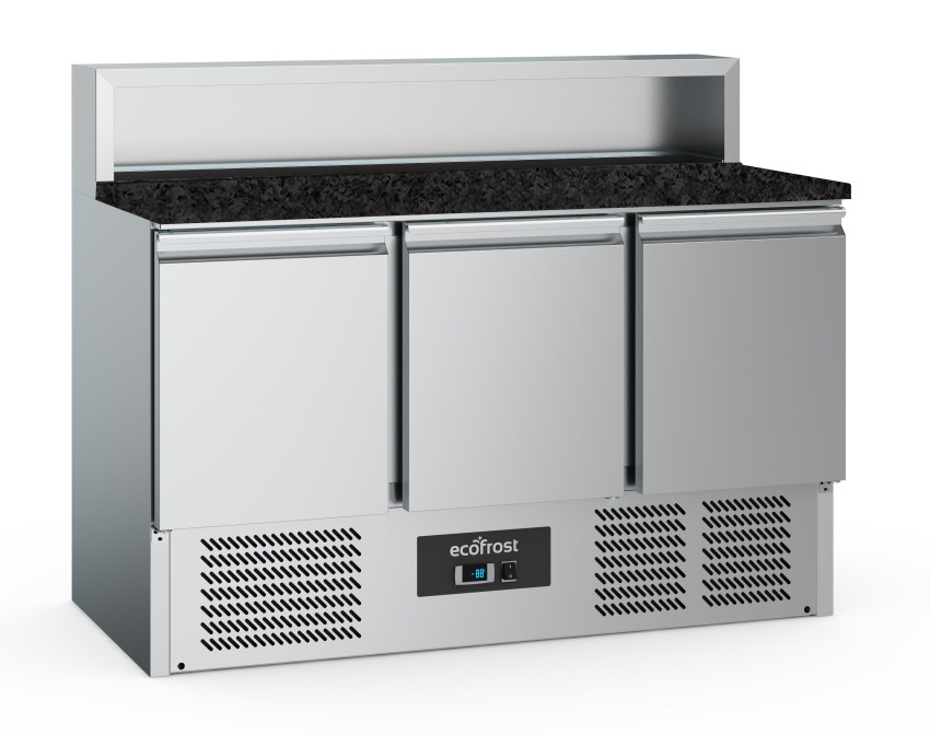 EcoFrost PIZZATISCH 3 Türen | 8x1/6GN Behälter | Temp +2 bis +8 | 1365x700x1075mm | Schwarzer Granit