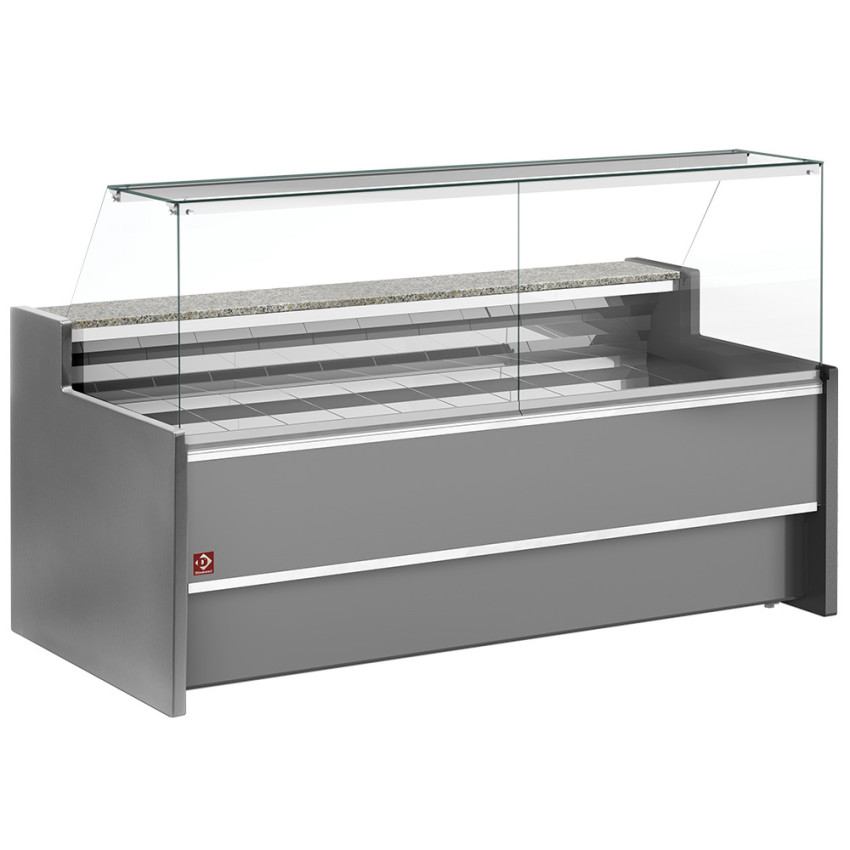 Umluft Verkaufstheke B 3000 x T 980 x H 1275 mm - gekühlt mit Reservefach - GRAU
