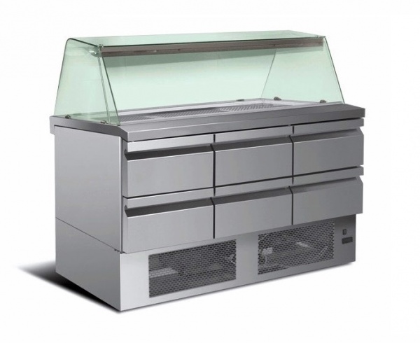Fisch Kühltisch mit Fisch Display 280 Liter, 6 Schubladen, Temp. 0° bis +4° C