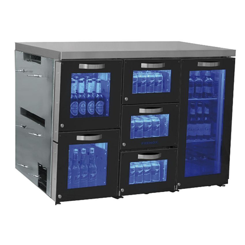 Barkühlschrank rechts mit 1 Glasflügeltür und 5 Glasschubladen, 90